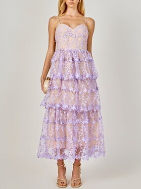 Endless Rose Crochet Layered Midi Dress Spaghetti Straps Lace Lilac Purple Siz L
